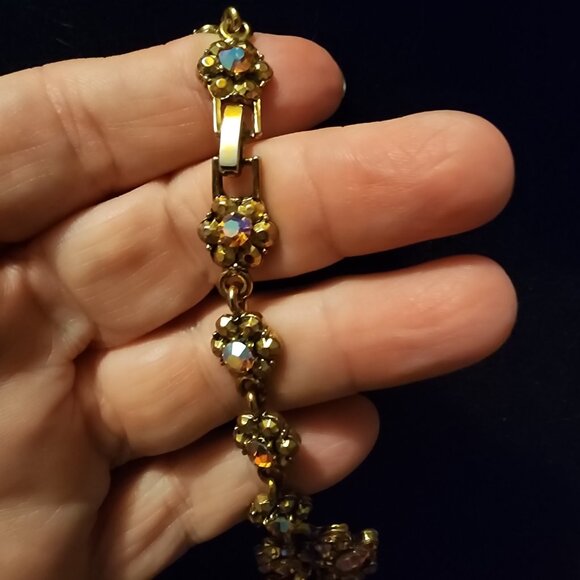 Vintage MCM Golden AB Rhinestone Flower Necklace Heavy Gold Plate Rivoli Stones - Picture 8 of 14